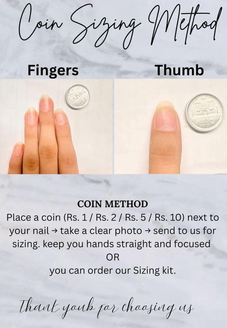 Two reference photos: four fingers held together with a coin beside them, and a thumb with a coin beside it.